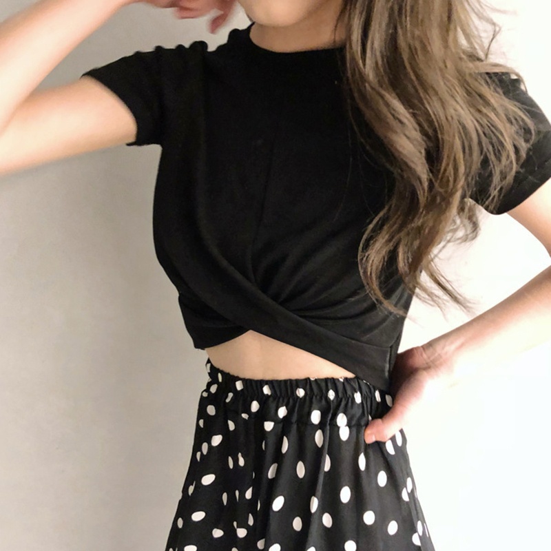 Xiangbao Áo Thun Crop Top Trơn Tay Ngắn Cổ Tròn Xoắn Chéo Phía Trước Cơ Bản Thời Trang Mùa Hè Cho Nữ