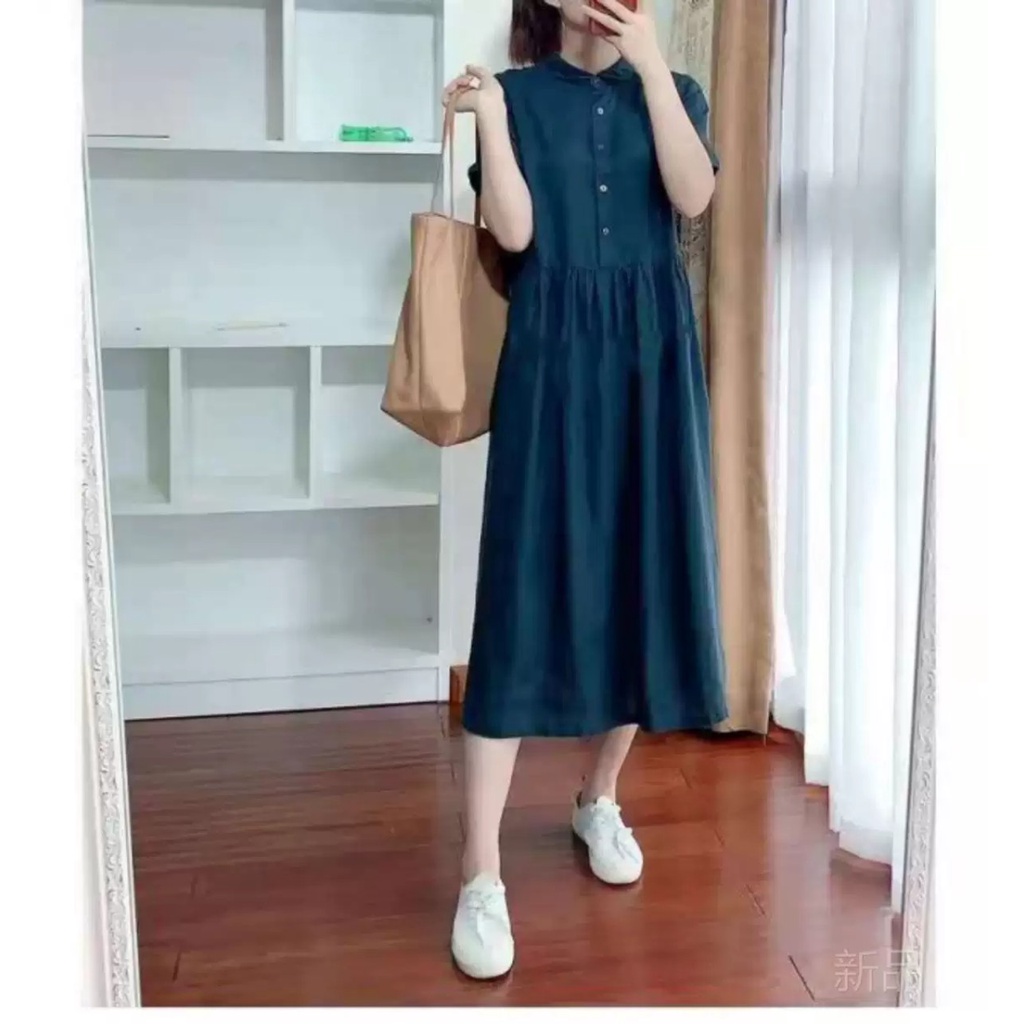 Đầm dáng xòe nữ thiết kế cổ sơ mi nhún eo,ngắn tay,kiểu dáng thanh lịch