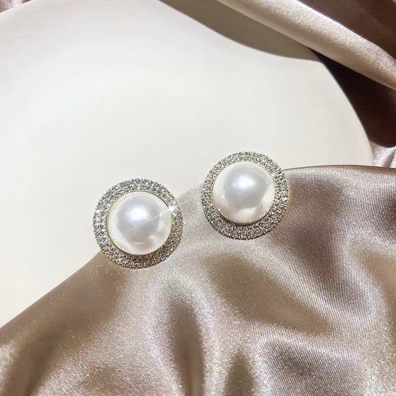 Khuyên tai tròn sát tai đá sang chảnh bông tai nữ ngọc trai tròn BT02