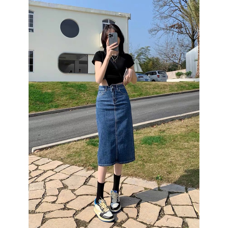 [52-90kg] Chân váy jeans dài BigSize qua gối phom chữ A, co dãn mạnh, lưng cao 4335 MLJ