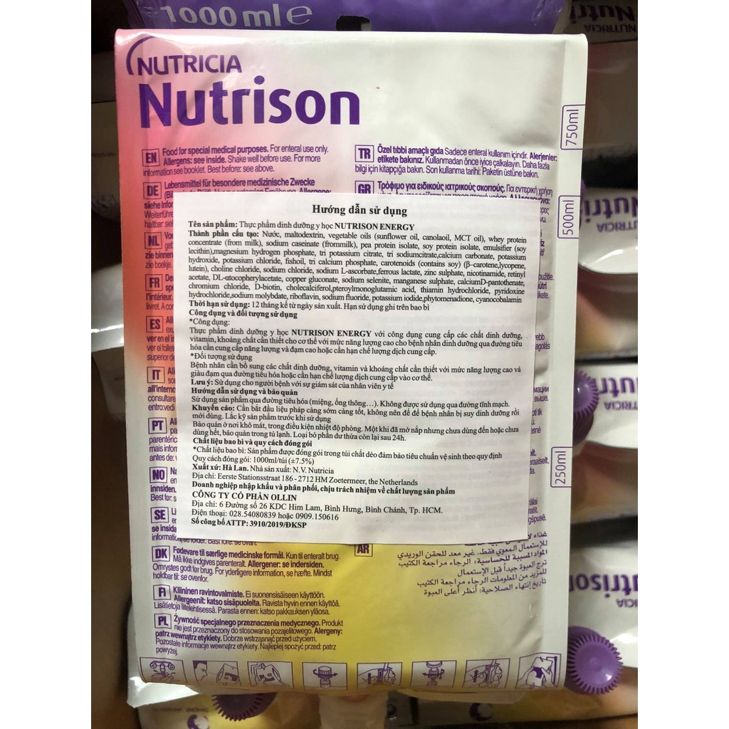 Sữa dinh dưỡng Nutrison Energy túi 1000ml thực phẩm dinh dưỡng y học dành cho người ăn qua ống sone