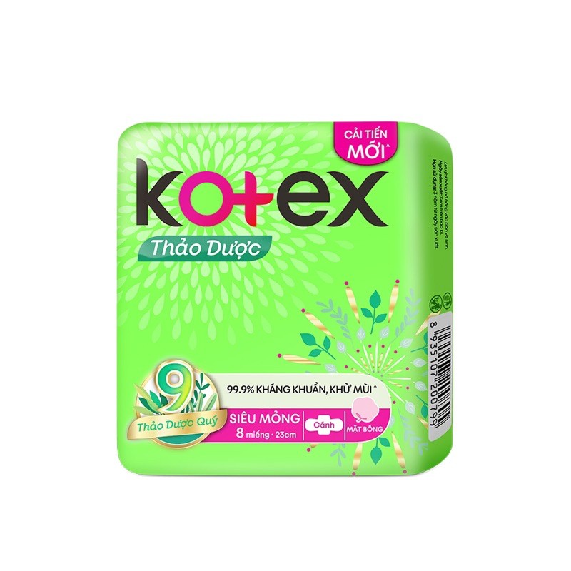 Băng Vệ Sinh Kotex Thảo Dược Siêu Mỏng Cánh 23cm 8 miếng