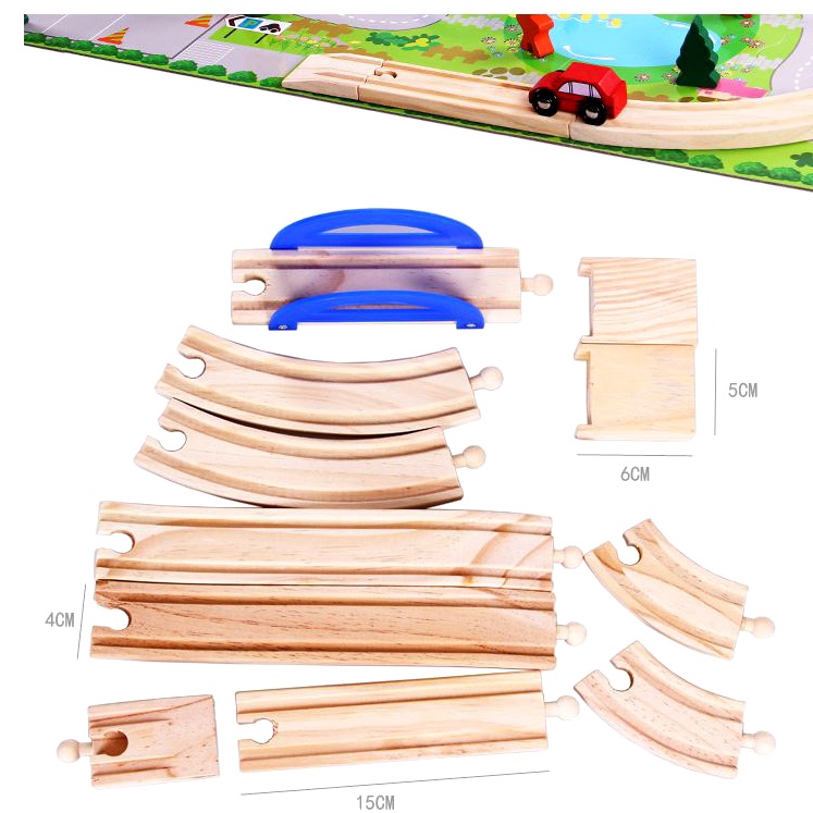 Mô hình đồ chơi BeThongMinh đường giao thông bằng gỗ nhiều chi tiết đường ray cầu vượt kèm ô tô cho bé