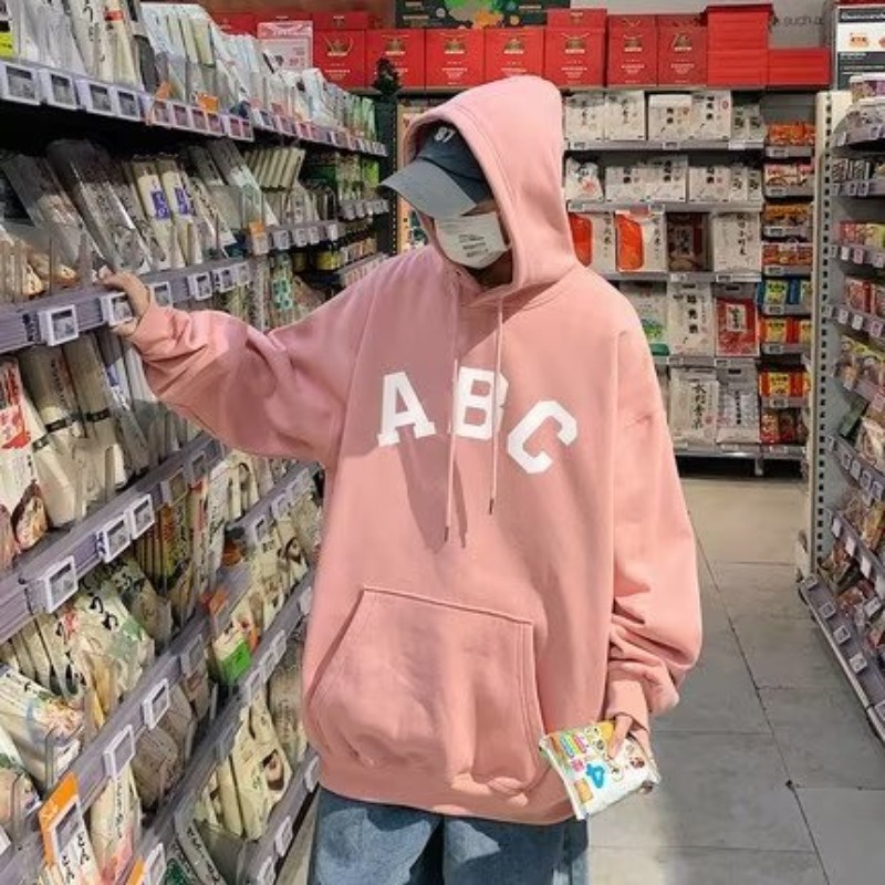 Áo Hoodie Tay Dài Dáng Rộng In Chữ ABC Màu Be Hồng Cá Tính Phong Cách Mỹ Cho Nam Và Nữ M-5XL