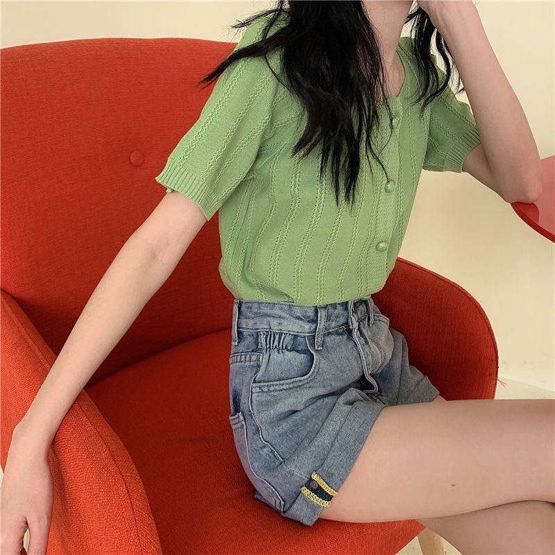 Áo Croptop Dệt Kim Ngắn Tay Dễ Phối Đồ