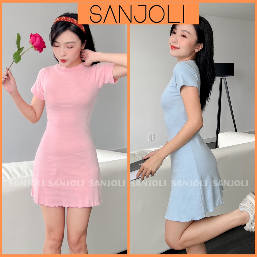 Đầm Body Cổ Tròn Cuốn Biên SANJOLI Váy Ôm Body Thun Trơn Nhún Nhẹ Dáng Xòe Nhiều Màu Đi Chơi, Đi Dự Tiệc VD064