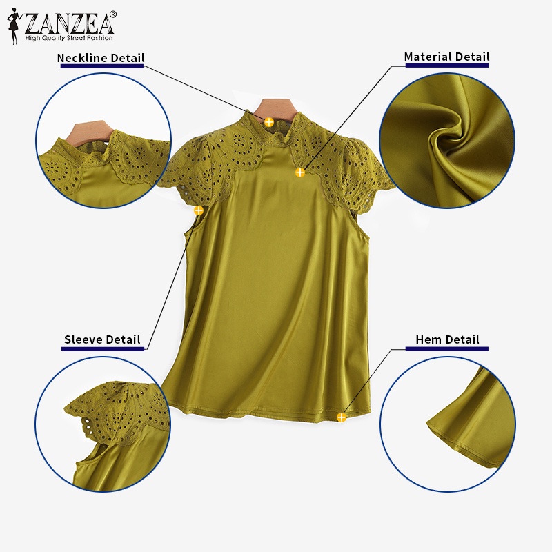 Áo kiểu ZANZEA vải satin màu trơn cổ đứng phối ren phong cách cổ điển cho nữ