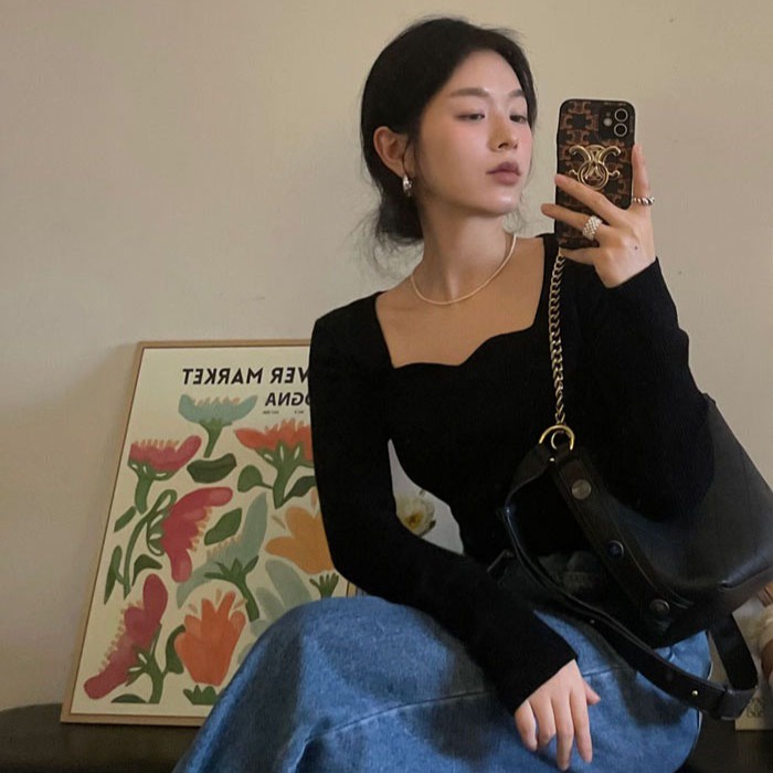 Áo sơ mi ZHELIHANGFEI dệt kim tay dài mỏng eo cao phong cách gợi cảm