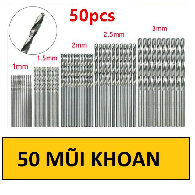 BỘ 50 MŨI KHOAN THÉP MÀU TRẮNG CÁC LOẠI KÍCH CỠ