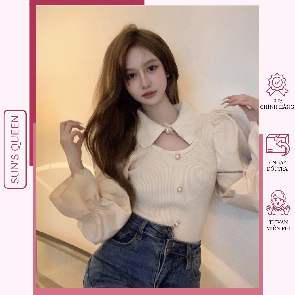 Áo sơ mi thân dệt kim tay phồng khoét cổ tiểu thư sang chảnh