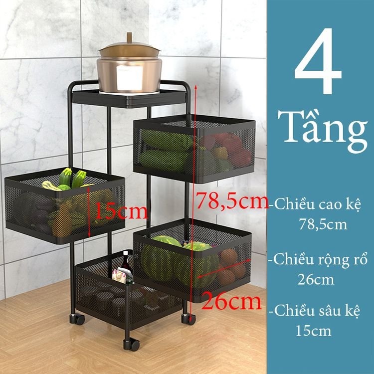 Kệ Rổ Vuông Để Đồ Gia Vị Nhà Bếp Đa Năng - Kệ Xoay Vuông 360 Độ - Có Bánh Xe Di Chuyển Cao Cấp 3 Tầng - 4 Tầng - 5 Tầng