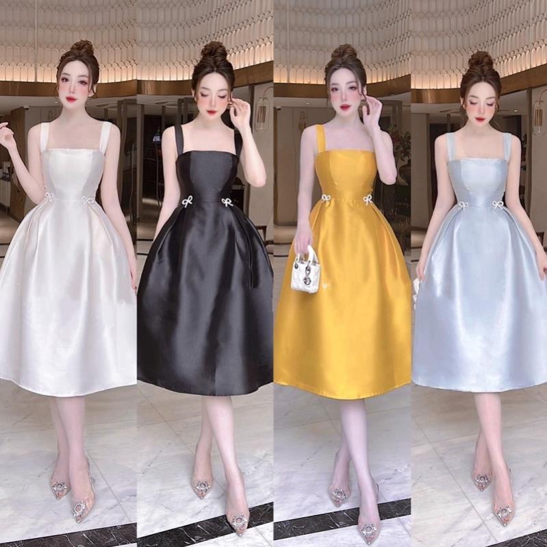 Đầm xòe đi tiệc 2 dây bảng đính tag nơ eo 4 màu