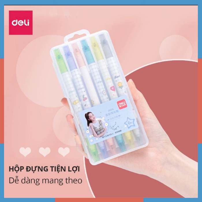 Bút nhớ dòng 2 đầu Deli - 6 màu/hộp - Nét trơn mượt, màu tươi sáng - S606