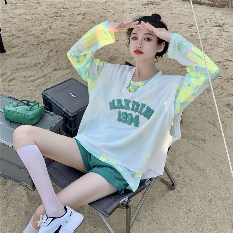 Áo thun tay dài dáng rộng chống nắng phối màu nhuộm cá tính cho nữ