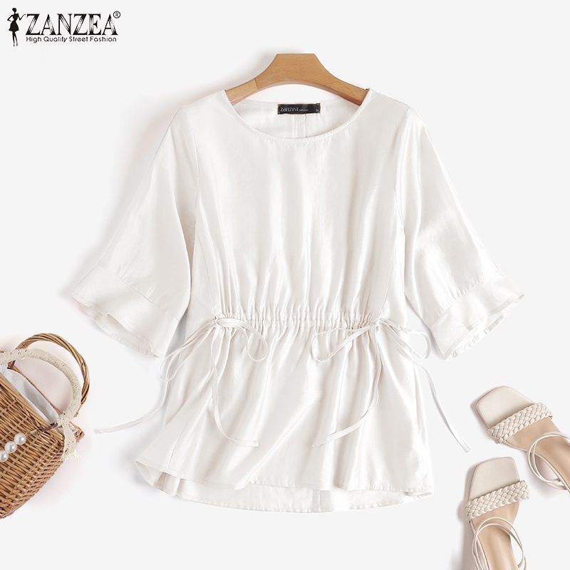 Áo kiểu ZANZEA thiết kế cổ tròn dáng rộng tay lửng phối dây rút thời trang cho nữ