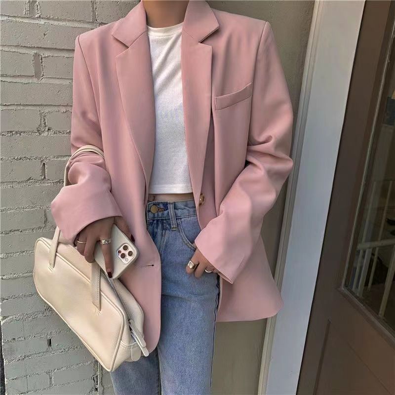 Áo Khoác Blazer Dáng Rộng Màu Hồng Trơn Thời Trang Xuân Thu Hàng Mới Dành Cho Bạn Nữ
