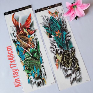 Combo 2 tấm hình xăm dán cá chép xanh kín tay màu 17x48cm- mua 2 combo tặng bắp tay xinh