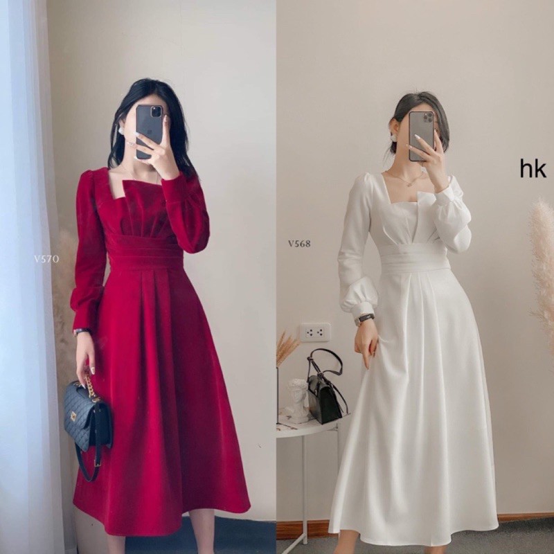 VNU66 - VÁY ĐỎ CỔ VUÔNG XẾP HỞ NGỰC DÀI TAY