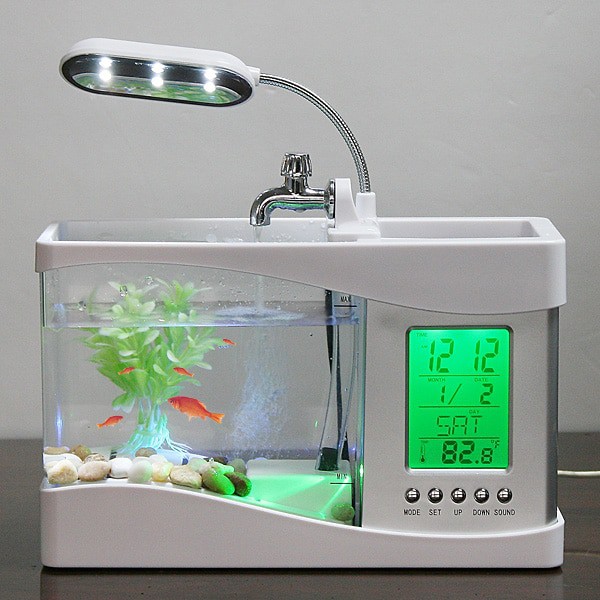 Bể cá mini để bàn kèm đồng hồ đèn LED tặng sỏi và cây trang trí