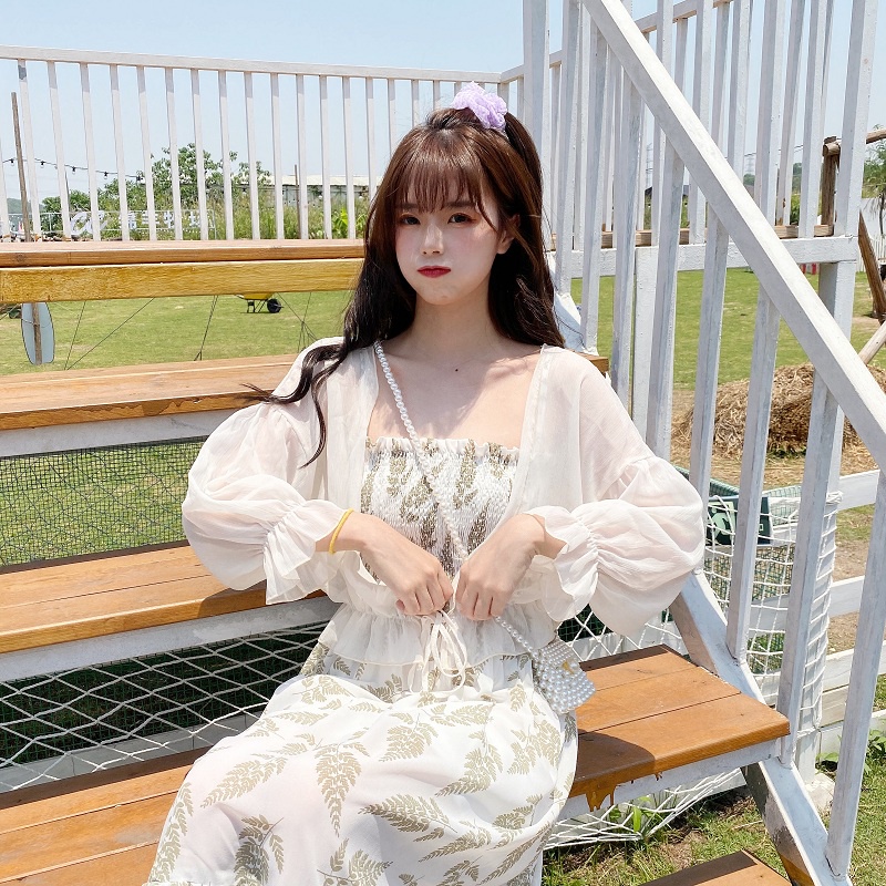 IELGY Bộ Áo chiffon + Đầm Hai Dây Dáng Ngắn Thời Trang Cho Nữ