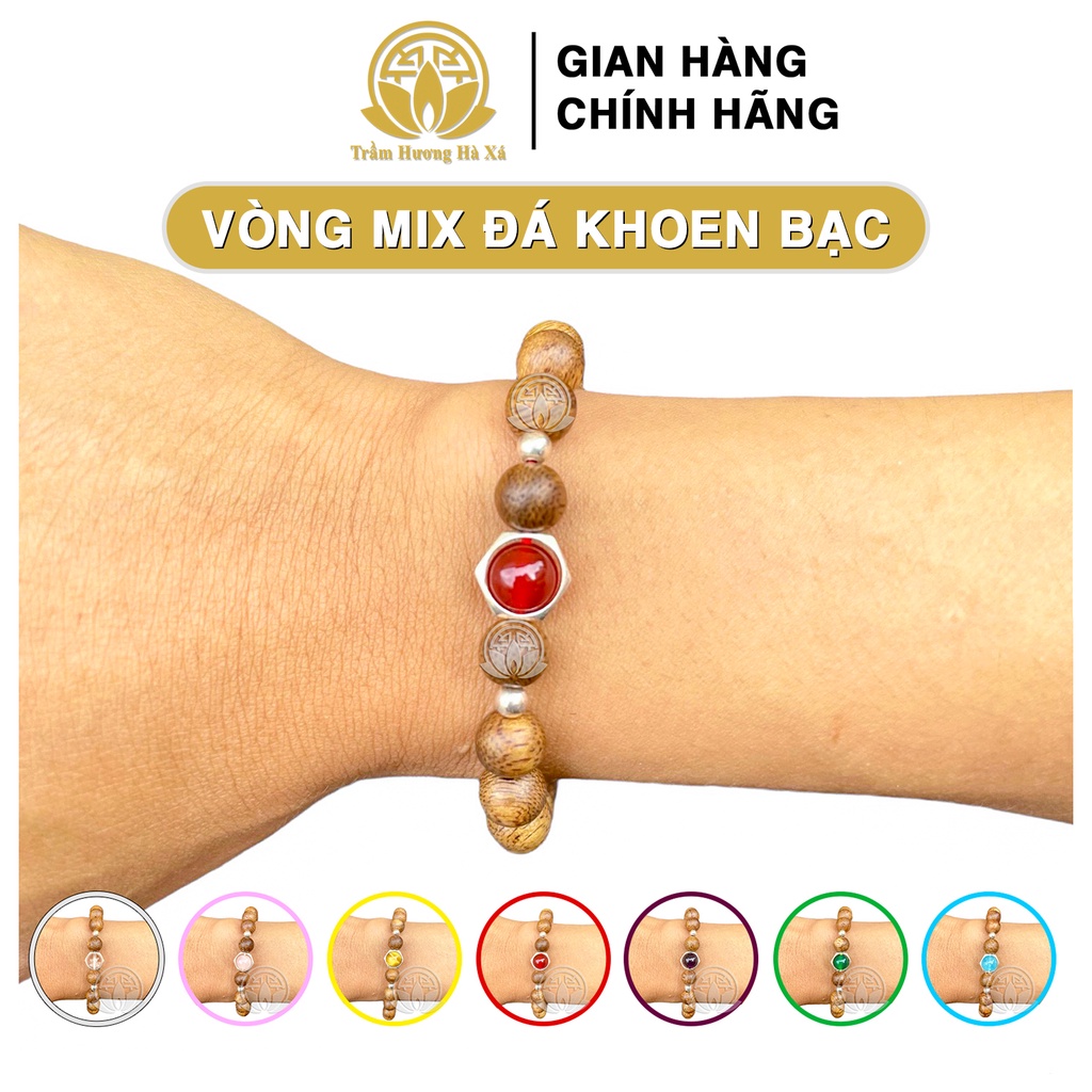 Vòng tay nam nữ phong thủy trầm hương HÀ XÁ mix đính đá tự nhiên theo mệnh và khoen bạc 925