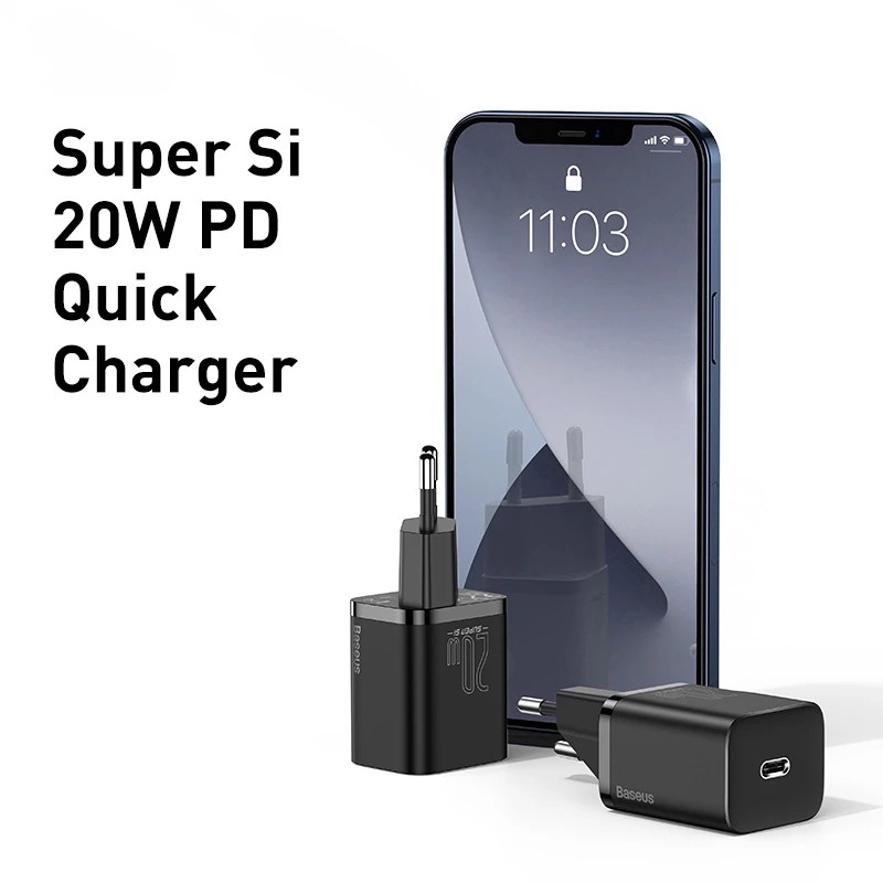 COMBO Cốc Sạc Nhanh Baseus 20W Super Si Mini USB C Hỗ Trợ QC3.0 PD Cho iPhone 12 / dây sạc 20W  - Hàng chính hãng