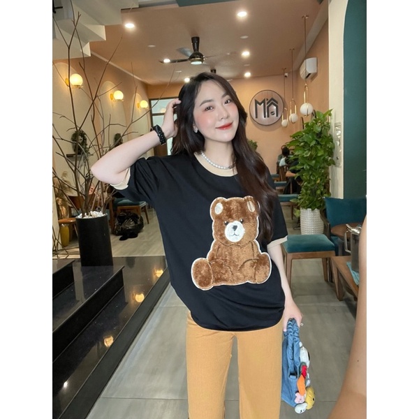 Set áo cotton phối viền cổ gấu lông quần gân hình thật