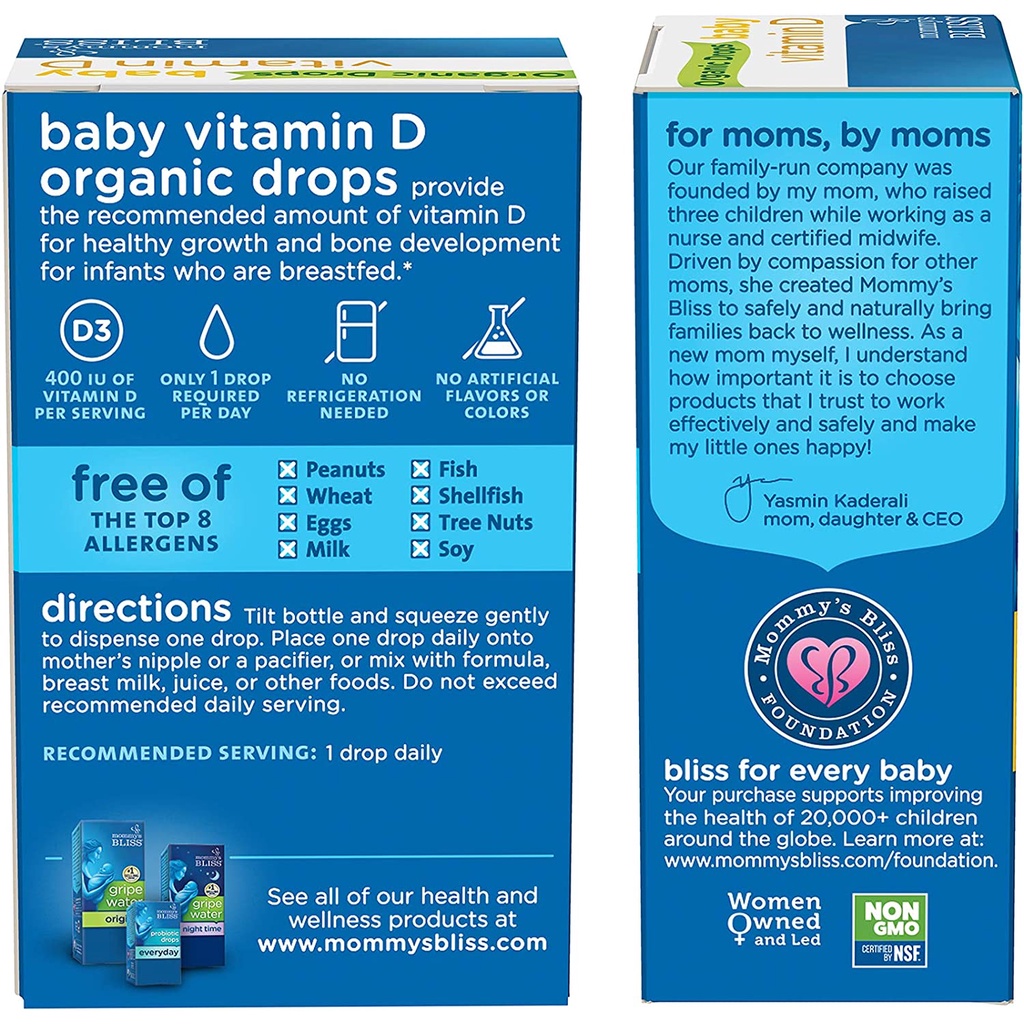 Mommy's Bliss - Vitamin D3 hữu cơ cho trẻ sơ sinh Mommys Bliss Organic D3 Drops không màu nhân tạo 3.24ml