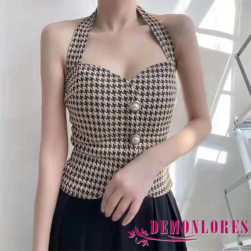 Áo tank top không tay cổ chữ V hở lưng phối nút thời trang thu đông cho nữ