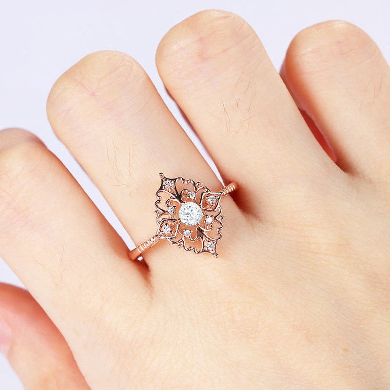 European And American-Style 18 K Gold-Plated Diamond-Set Flower Wedding Ring Women's 925 Silver-Plated Jewelry