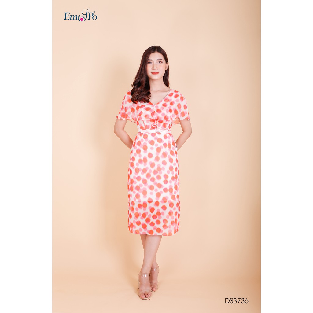 Đầm hoa cổ V, vai chùm, có đai ren nhấn eo Emspo DS3736 (Hồng, Xanh)