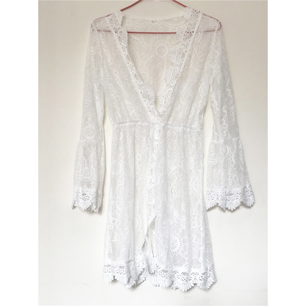 Áo Khoác Ngoài Đồ Bơi Đi Biển Phối Ren Màu Trắng Quyến Rũ Thời Trang Cho Nữ