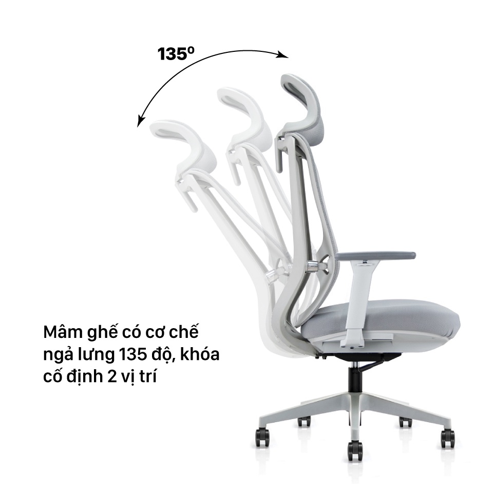 Ghế công thái học Ergonomic GOVI Felix F6231A-Thiết kế tựa đầu điều chỉnh độ cao, tựa tay 3D nâng hạ, mâm ghế ngả 135 độ