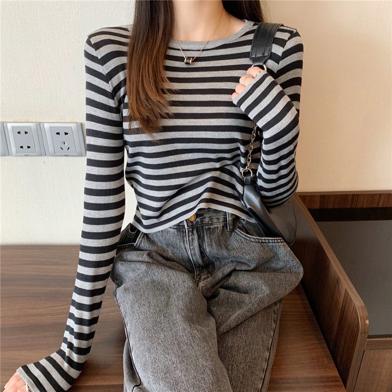 Áo len ZHELIHANGFEI tay dài cổ tròn họa tiết kẻ sọc thời trang