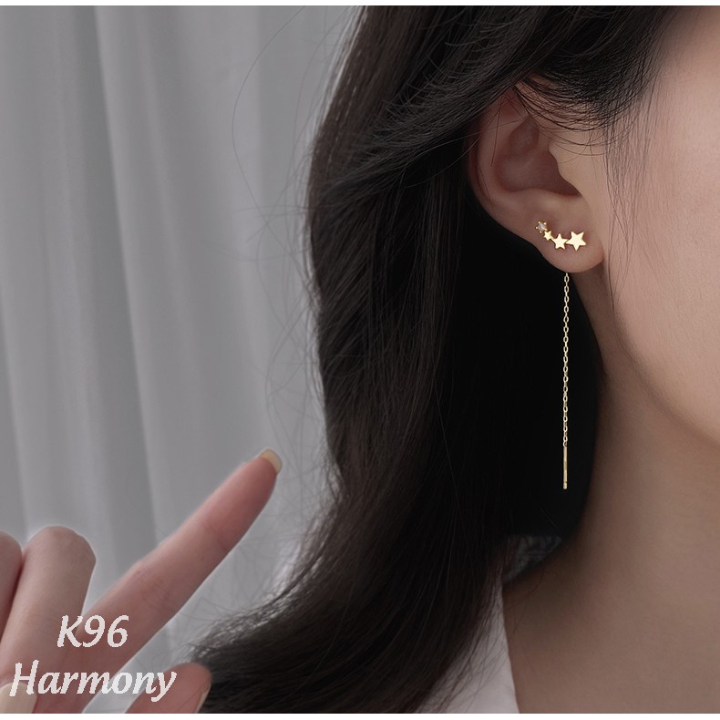 Khuyên tai nữ bạc dài ngôi sao đính đá mạ vàng Gold Star độc đáo, xinh xắn | HARMONY ACCESSORIES K96