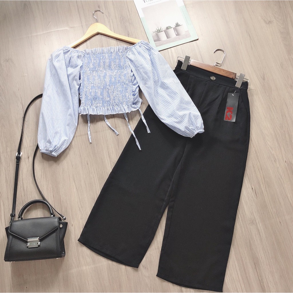 set áo rút 2 bên sọc màu xanh xinh quần ống rộng mẫu xinh