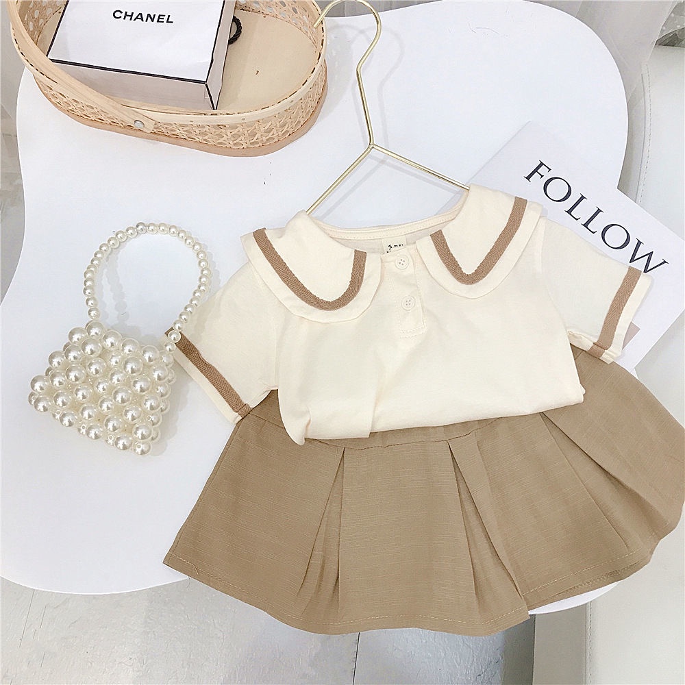 Set Áo Thun Tay Ngắn + Chân Váy Xếp Ly Mùa Hè Hàn Quốc Mới 2023 Cho Bé Gái