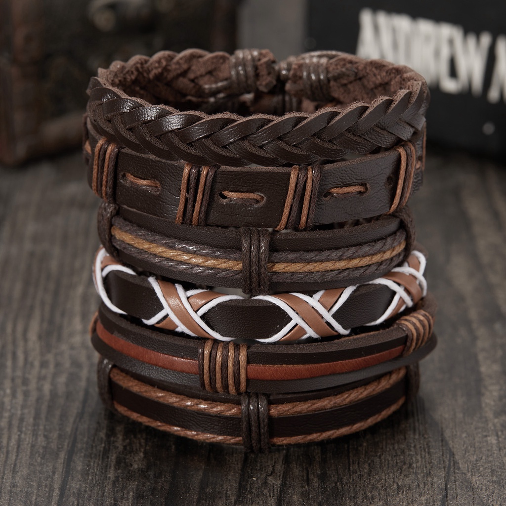 Vòng đeo tay RINHOO dây da nhiều lớp đính hạt gỗ đôi cánh nhiều mẫu tùy chọn thời trang dành cho nam