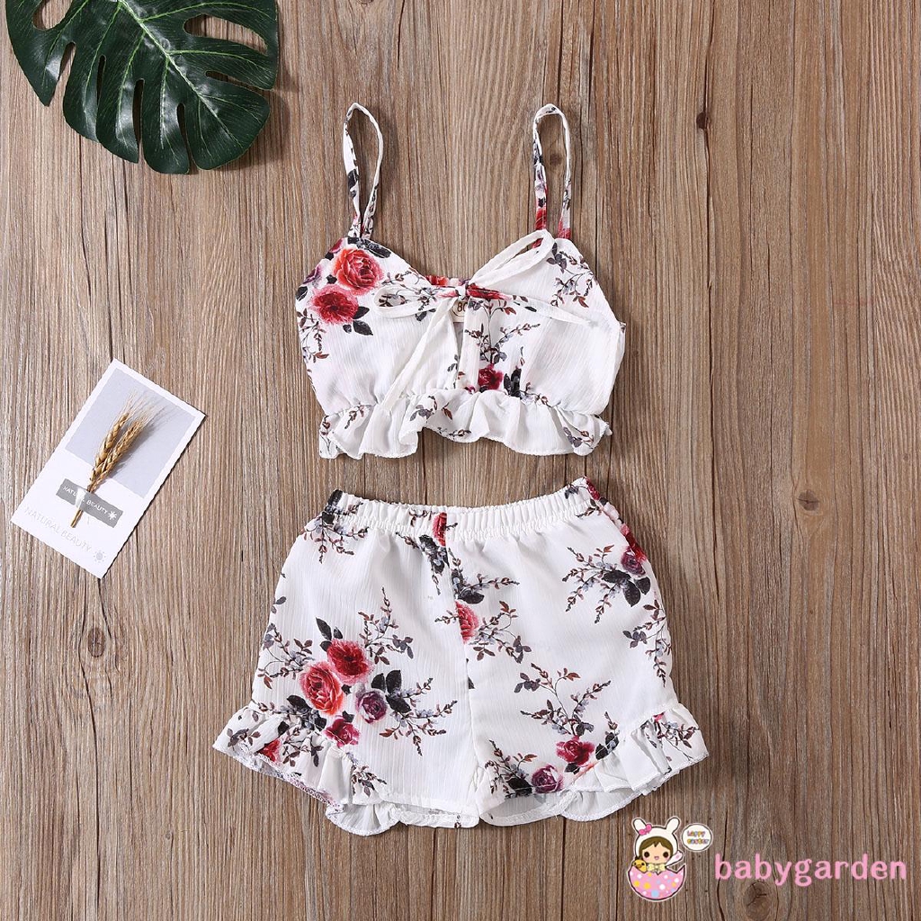 Bộ áo croptop hoạ tiết hoa + quần đùi cho bé gái