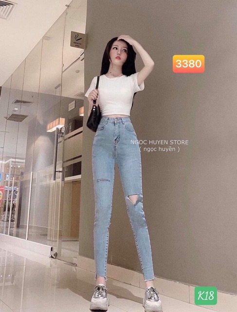 Quần jeans nữ lưng cao RÁCH t ôm body lưng siêu cao rách gối xanh nhạt - J20
