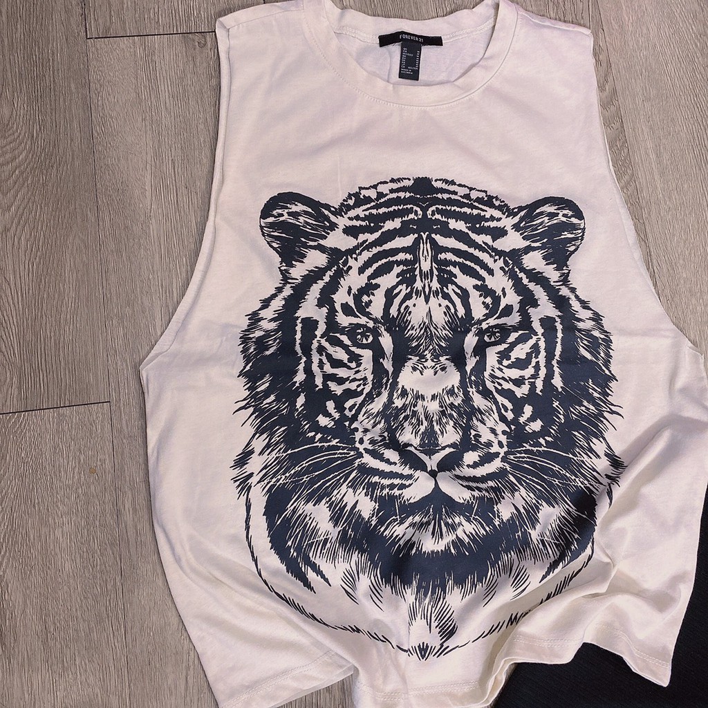 Áo tanktop Trắng kem in con cọp vnxk