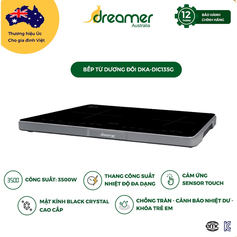 Bếp Từ Dương Đôi DREAMER Màu Xám DKA-DIC135G 3500W Chống Tràn, Cảnh Báo Nhiệt Dư, BH 12 Tháng