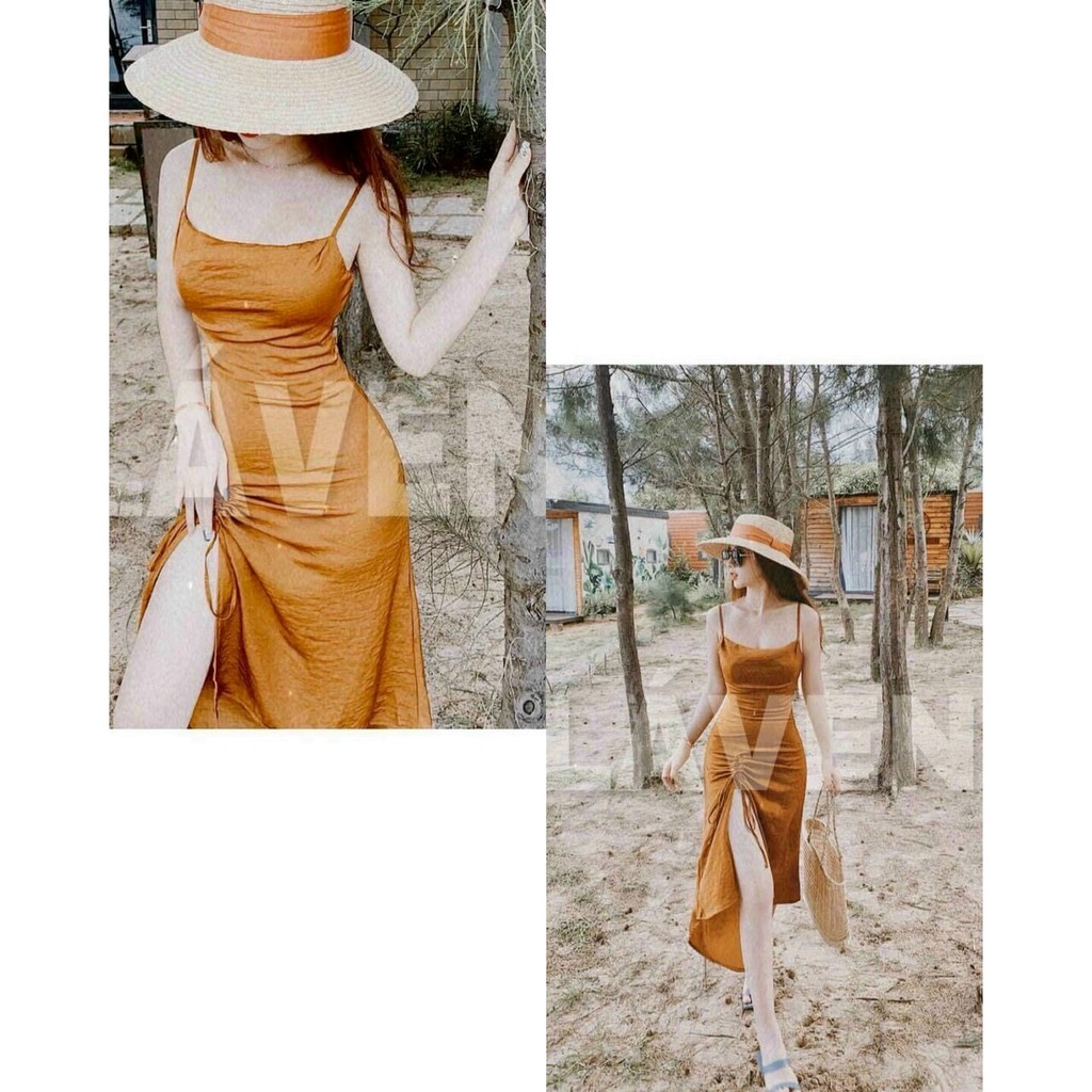 Đầm maxi 2 dây sẻ tà rút dây co mút ngực sexy sang chảnh