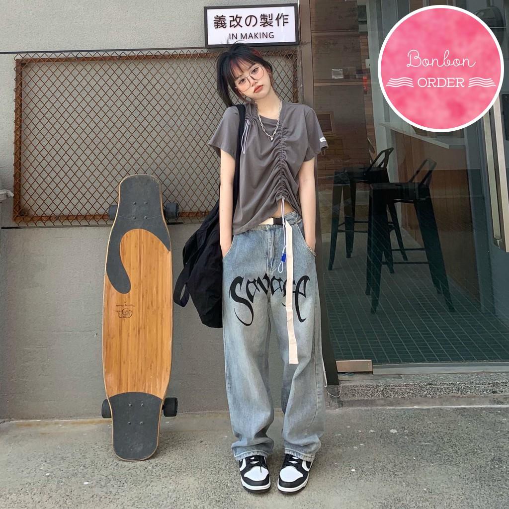 QUẦN JEAN ULZZANG ỐNG RỘNG DÁNG RỘNG IN CHỮ CỰC CHẤT -