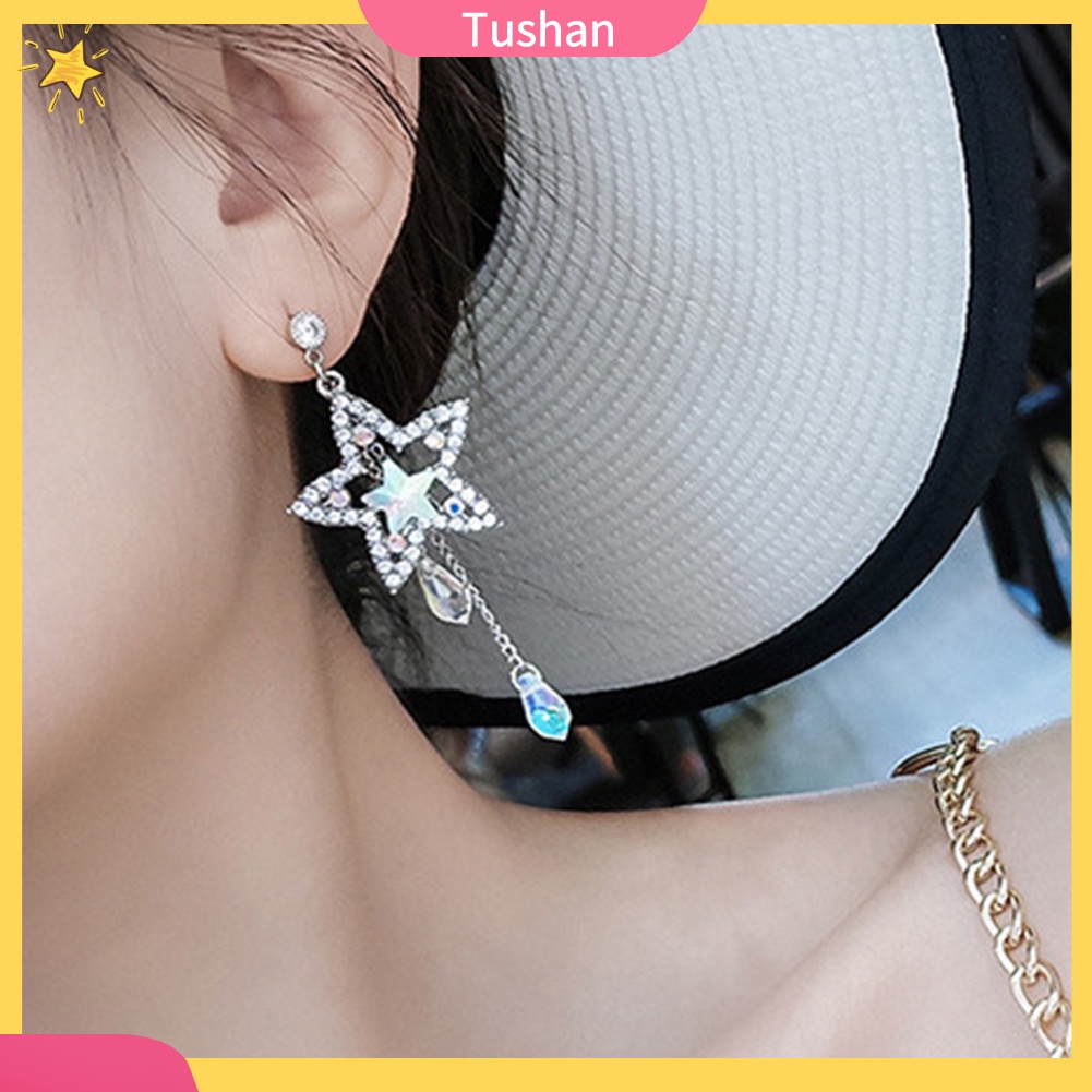 TUSH_Party Women Shiny Rhinestone Inlaid Star Long Tassel Drop Dangle Stud Earrings