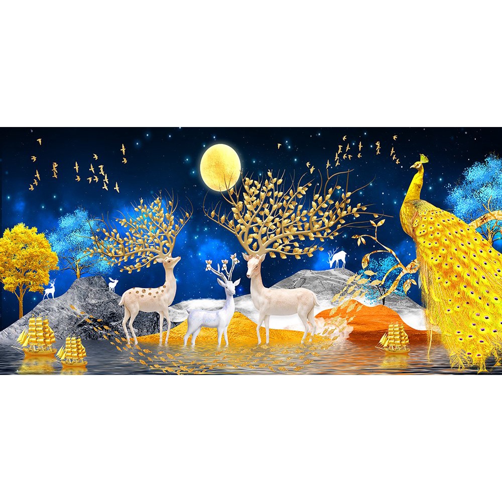 TRANH THÊU KÍN PHONG CẢNH HƯƠU NAI TÀI LỘC E116  EDB116 - tranh chưa thêu