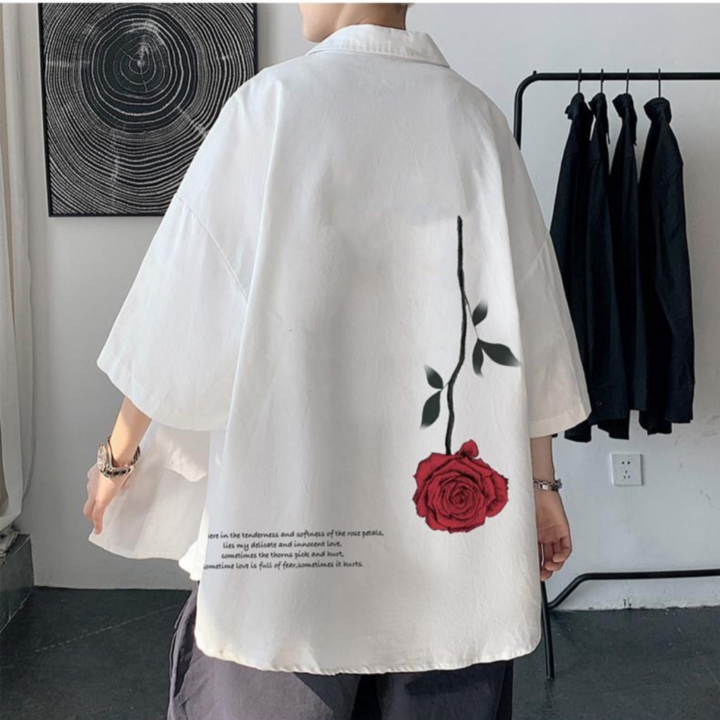 Sơ mi from rộng tay lỡ unisex nam nữ , sơ mi nam nữ vải voan lụa mịn mát free size 40kg - 70kg in hoa hông ngược