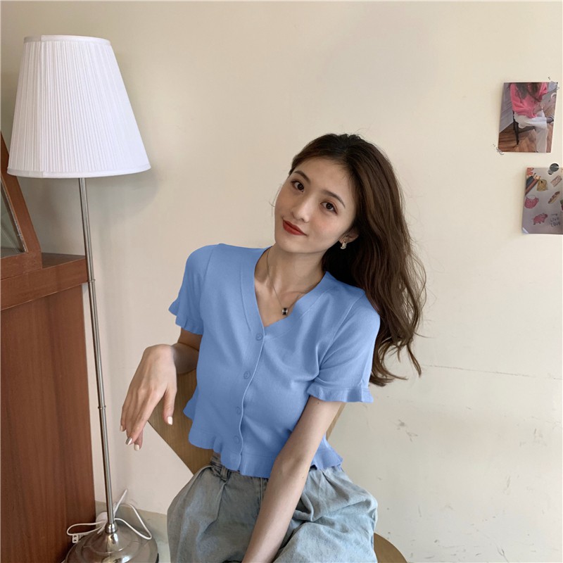 Áo Cardigan Ngắn Tay Cổ Chữ V Phối Ren Màu Trơn Dễ Phối Đồ | BigBuy360 - bigbuy360.vn