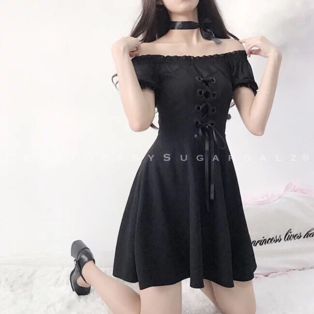 Váy đầm bẹt trễ vai đan dây ngực Lolita - by SugarG