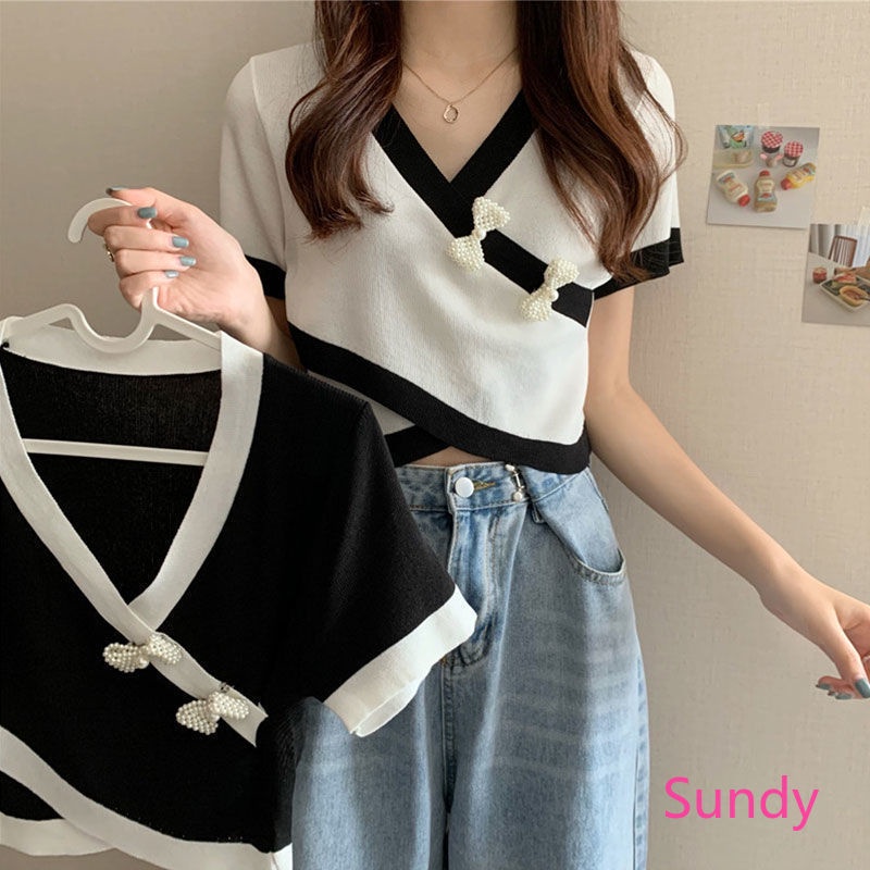 Áo croptop tay ngắn cổ chữ v phối nơ thời trang mùa hè cho nữ